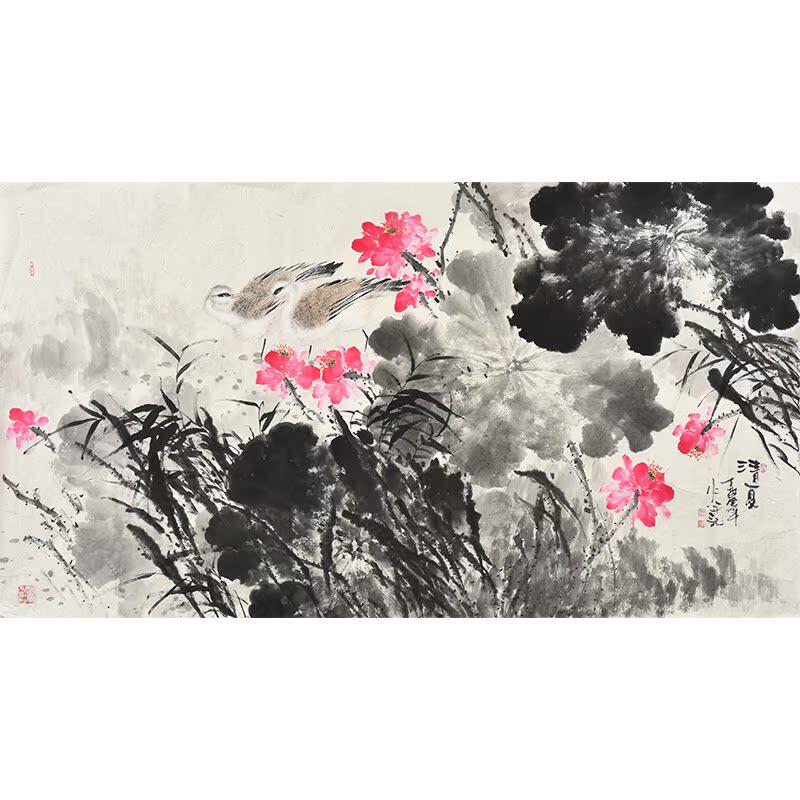 纯手绘2.4米巨幅国画花鸟画水墨荷花办公室会议室酒店大堂装饰画