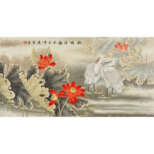 山东美协名家秦霞老师纯手绘国画工笔花鸟画牡丹荷花白鹭装饰字画