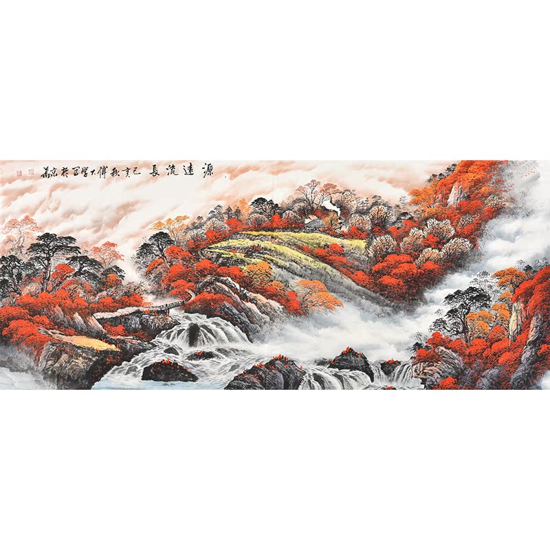 名家纯手绘国画招财山水画聚宝盆背有靠山办公室酒店横版大幅挂画