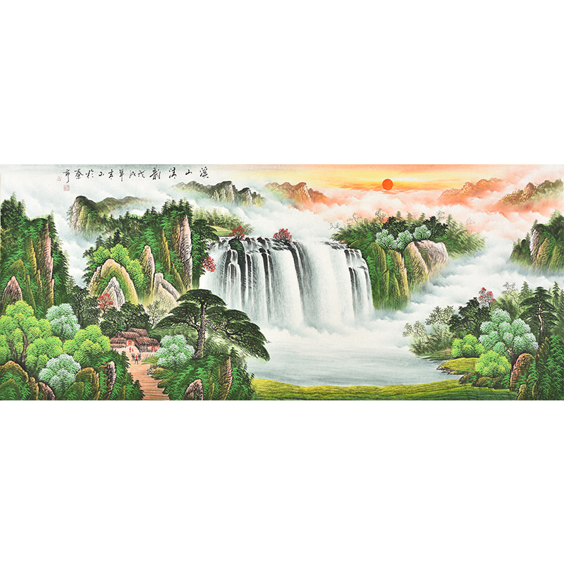 纯手绘国画风水山水画瀑布流水招财 八尺横幅办公室客厅大堂挂画