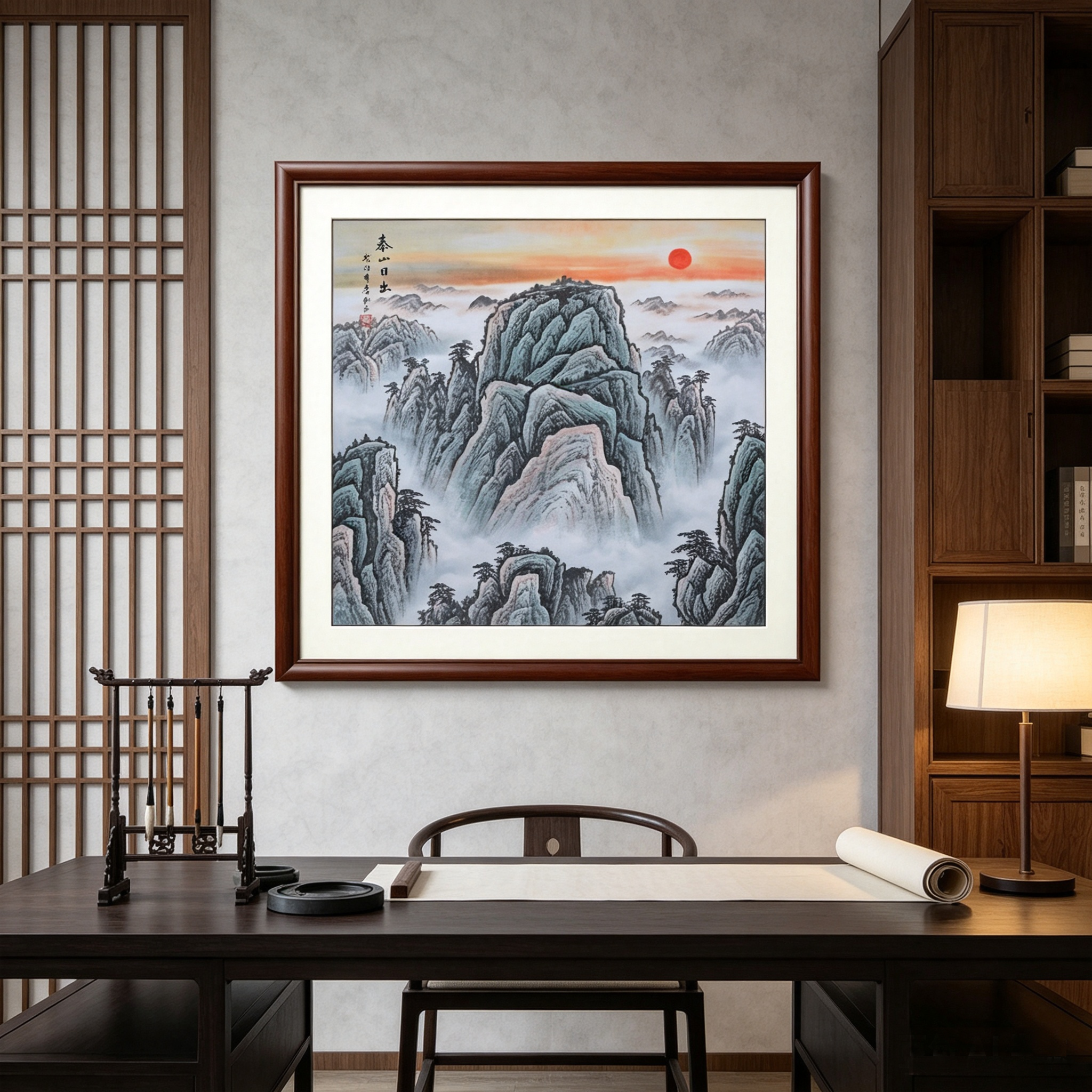 办公室国画纯手工山水画斗方泰山日出靠山画有太阳中式装饰画包邮