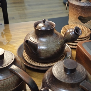 草木灰砂铫壶高温柴烧粗陶侧把壶提梁壶煮茶壶烧水复古氛围感家用