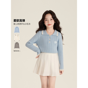 Amybaby女童上衣春季2025新款设计感爱心刺绣polo衫针织衫