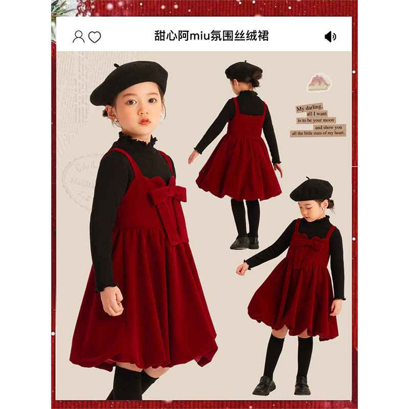 Amybaby红色蝴蝶结丝绒裙