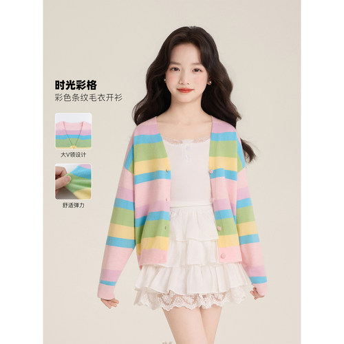 Amybaby女童套装夏季2026新款多巴胺针织彩虹条纹毛衣蕾丝吊带