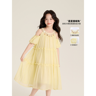 Amybaby女童裙子夏季2025新款波西米亚风洋气露肩设计感连衣裙