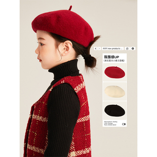 Amybaby儿童贝雷帽2025新款秋冬季女童女宝宝新年拜年红色帽子