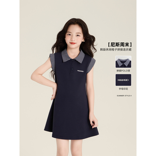 Amybaby女童裙子夏季2025新款韩版时尚翻领格子休闲风拼接连衣裙