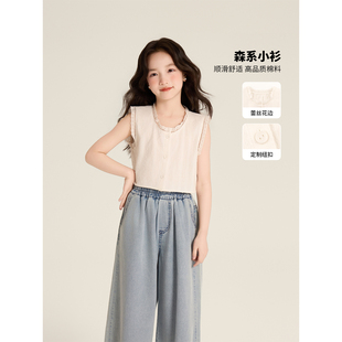 Amybaby女童T恤夏季2025新款森系镂空蕾丝花边棉麻法式无袖上衣