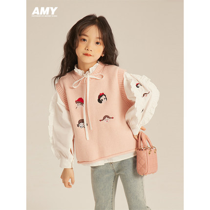 Amybaby女童针织背心2024新款儿童卡通洋气时髦马甲衬衣两件套