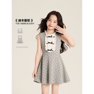 Amybaby女童套装夏季2025新款复古拼接木耳边抽皱连衣裙无袖背心