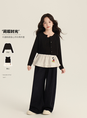 Amybaby女童上衣秋季2025新款韩范短款简约针织开衫黑色米奇背心