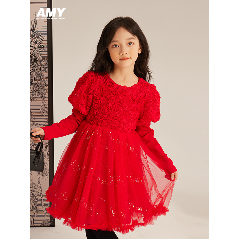 Amybaby女童连衣裙2023新款冬季儿童新年礼服裙洋气拜年公主裙