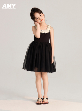 Amybaby女童裙子2025新款夏季法式芭蕾风黑色吊带连衣裙A字裙