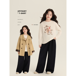 卡通百搭圆领长袖 纯色韩版 2025新款 Amybaby女童上衣秋季