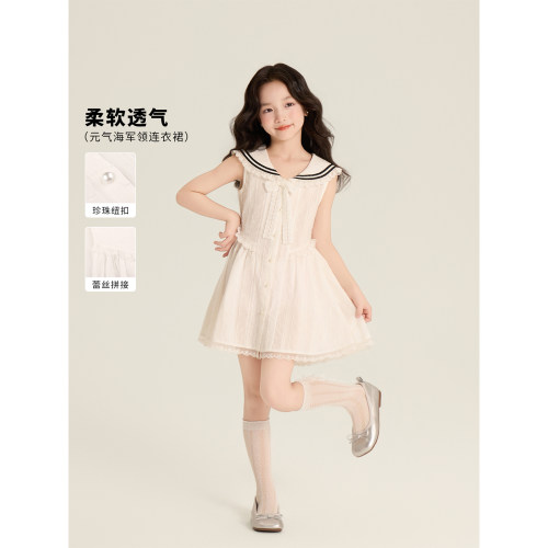 Amybaby女童裙子夏季2026新款百搭休闲学院风海军领珍珠扣连衣裙