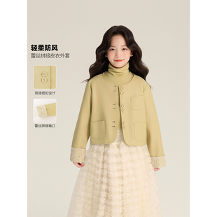 轻柔防风设计圆领蕾丝短款 2026新款 皮衣外套 春季 Amybaby女童上装