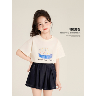 Amybaby女童上衣夏季 洋气休闲百搭纯色圆领印花T恤 2025新款