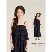 港风复古牛仔荷叶边吊带上衣阔腿裤 2025新款 夏季 Amybaby女童套装