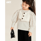 时尚 儿童秋季 气质条纹马甲上衣两件套 2025新款 Amybaby女童套装
