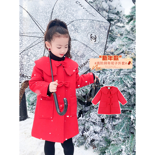 洋氣紅色翻領加厚夾棉保暖呢子大衣 Amybaby女童毛呢外套2023新款