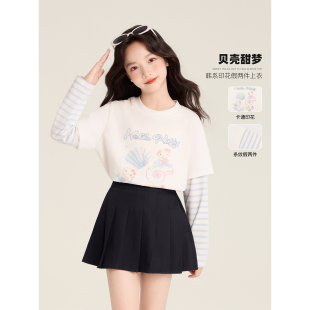 Amybaby女童上衣秋季2026新款韩系休闲印花蓝色条纹假两件T恤