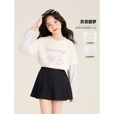 Amybaby女童上衣秋季2026新款韩系休闲印花蓝色条纹假两件T恤