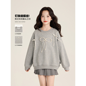 卫衣 韩系珍珠钉珠蝴蝶结灰色中长款 Amybaby女童上衣春季 2026新款