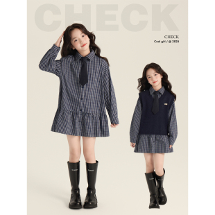 韩系蓝色格纹衬衫 2025新款 裙藏青色针织马甲 秋季 Amybaby女童套装