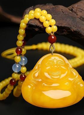 弥勒佛蜜蜡新中式男女旗袍串珠民族风长款项链琥珀佛珠毛衣链配饰