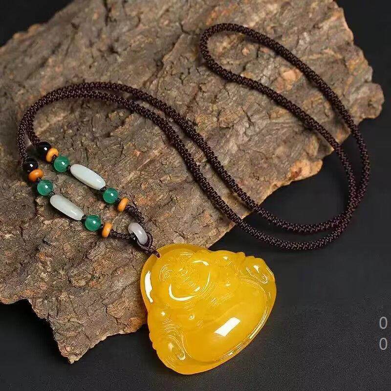 蜜蜡水滴吊坠编绳项链毛衣链男女款弥勒佛新中式串珠配饰挂件旗袍