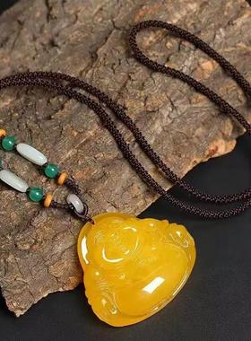 蜜蜡水滴吊坠编绳项链毛衣链男女款弥勒佛新中式串珠配饰挂件旗袍