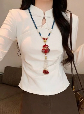 新中式国风高级感宋锦葫芦女串珠流苏玛瑙珍珠毛衣链配饰挂件旗袍