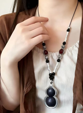 新中式葫芦吊坠项链女民族风复古串珠毛衣链简约旗袍百搭配饰挂件