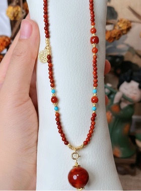 新中式国风旗袍串珠项链吊坠锁骨毛衣链红玛瑙百搭配饰挂件女简约