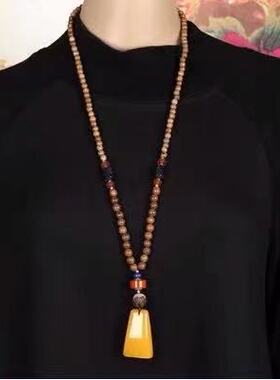 新中式国风男女民族风项链复古唐装木珠串珠毛衣链长蜜蜡百搭配饰