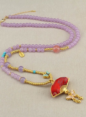 仿宋锦扇子珍珠串珠流苏项链女新中式国风毛衣链古风旗袍配饰挂件