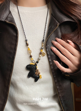 木珠串珠皮革小马项链女个性新中式简约百搭锁骨毛衣链高级感配饰