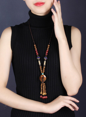 新中式国风项链女长款毛衣链百搭复古大气简约配饰陶瓷珠流苏挂饰