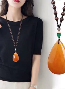 秋冬蜜蜡毛衣链配饰国风棉麻项链女新中式装饰挂件气质唐装民族风