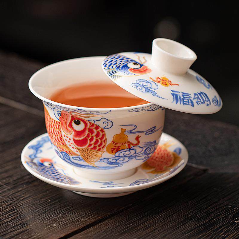 羊脂玉龙鱼三才盖碗茶杯家用高档悬停防烫手泡茶具带盖敬茶碗陶瓷,餐饮具,盖碗,淘宝优惠券,粉丝福利购,淘宝优惠卷