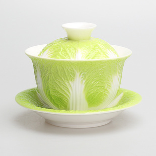 新品 冲量价百财白菜三才盖碗羊脂玉陶瓷功夫茶具泡茶碗杯创意中式