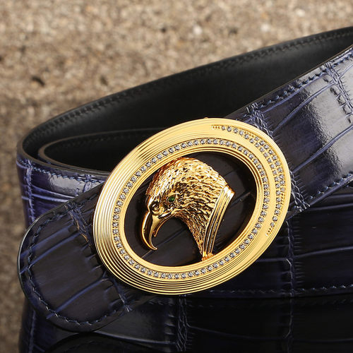 新款24k黄金扣蓝色鳄鱼纹皮带