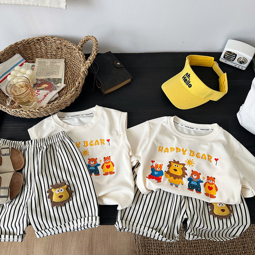 儿童套装夏季薄款2026新款男女童卡通短袖t恤宝宝条纹裤子两件套