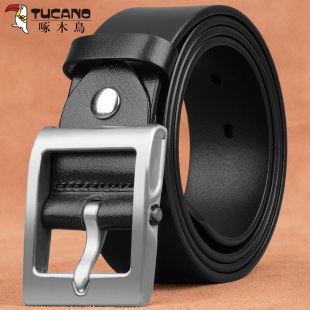 啄木鸟皮带男士 百搭单层头层纯牛皮腰带男 真皮针扣不锈钢牛仔裤