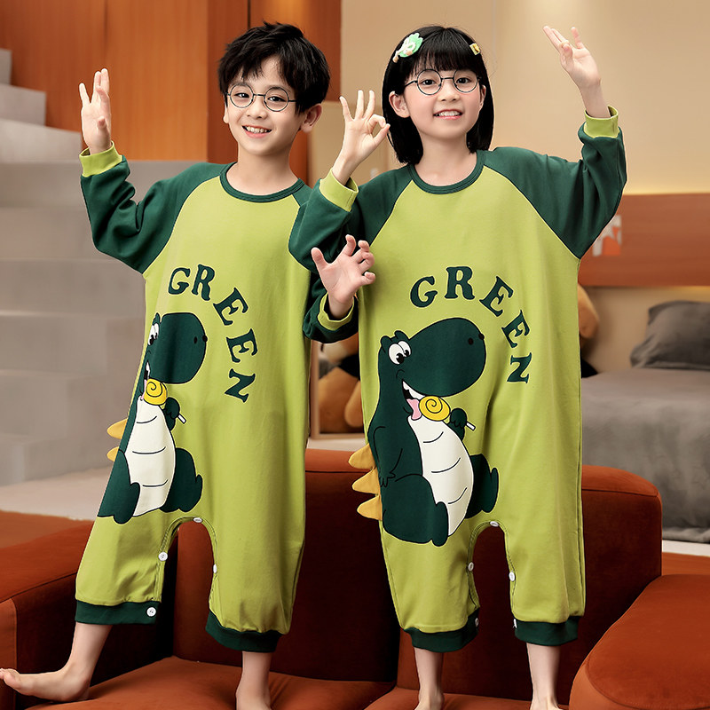 COTTON CHILDRENS ONE-PIECE PAJAMAS SPRING AND AUTUMN THIN BOYS MIDDLE AND LARGE CHILDREN GIRLS ONE-PIECE LOUNGEWEAR ANTI-KICK BELLY PROTECTION LONG SLEEVES