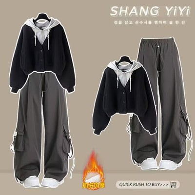 秋冬连帽卫衣大童套装女学生2025新款学院风工装裤加绒加厚两件套