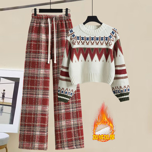 今年流行秋冬季套装过年战袍红色穿搭毛衣女格子休闲裤大童两件套