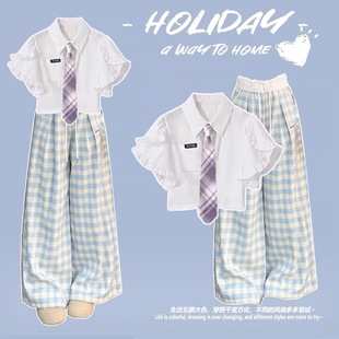 夏日多巴胺上衣小清新少女甜美短袖 两件套中大童 JK衬衫 宽松阔腿裤