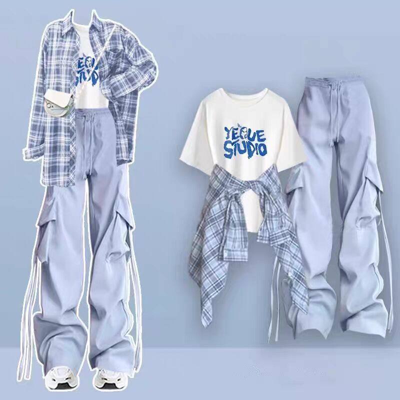 短袖T恤女大童夏季新款初高中学生休闲套装夏日多巴胺穿搭三件套